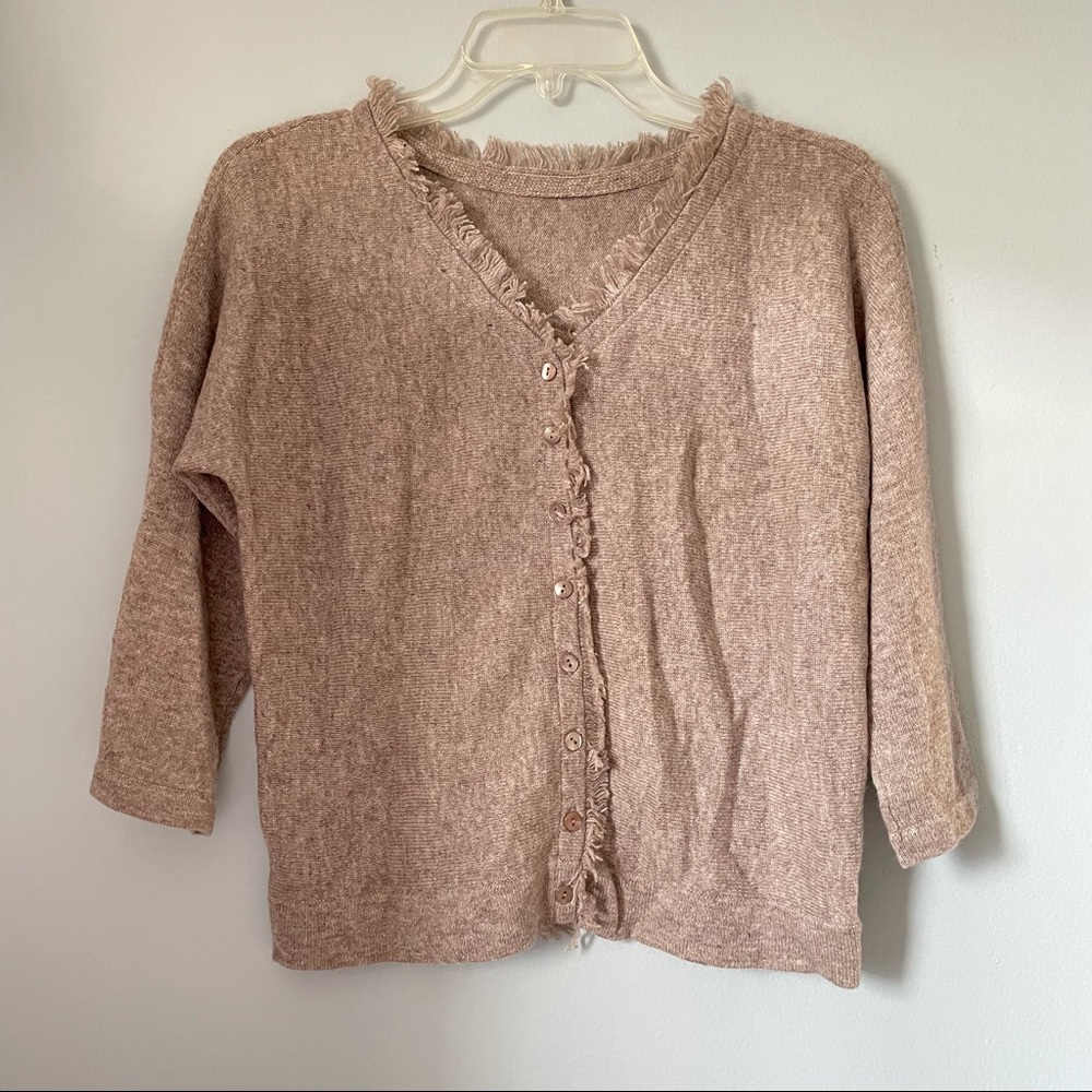 Forté Cashmere Short Beige Frayed Cardigan